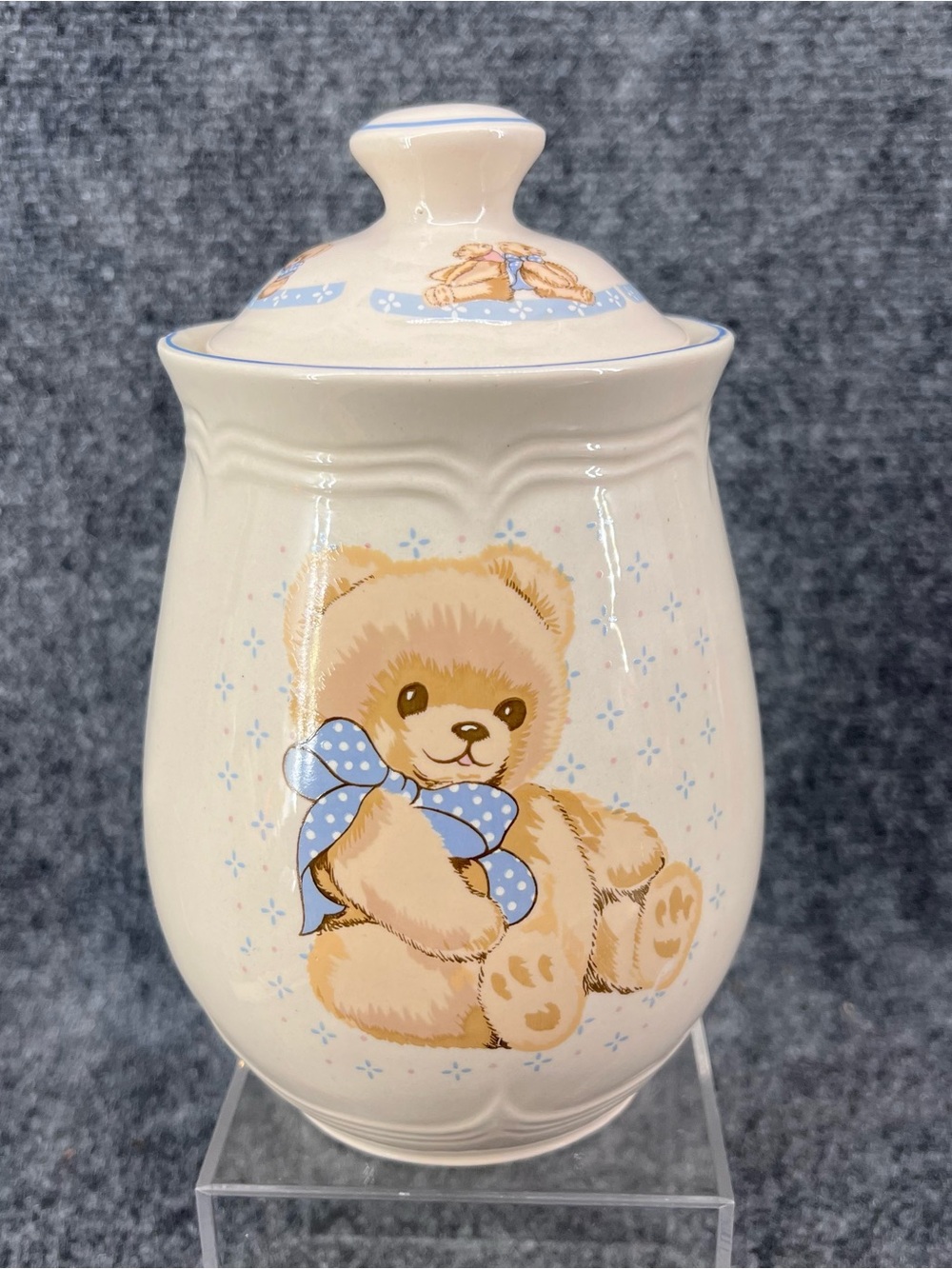 Vintage Tienshan Country Bear Medium 7-5/8” Canister & Lid Teddybear Bow